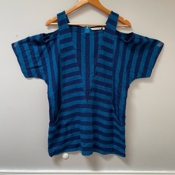 Soft Surroundings Tunic Blue Striped Sunset Cold Shoulder Linen Blend Sz S EUC - Picture 2 of 8